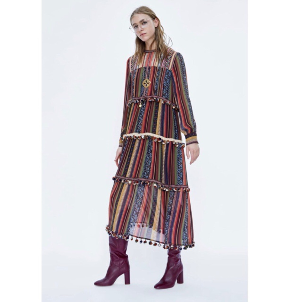 Zara Stripped Dress with Pom Poms